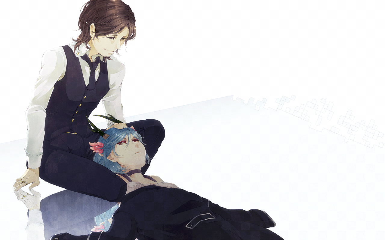 blue_hair, brown_hair, c_(control), male, mikuni_souichirou, pointed_ears, q_(control), red_eyes