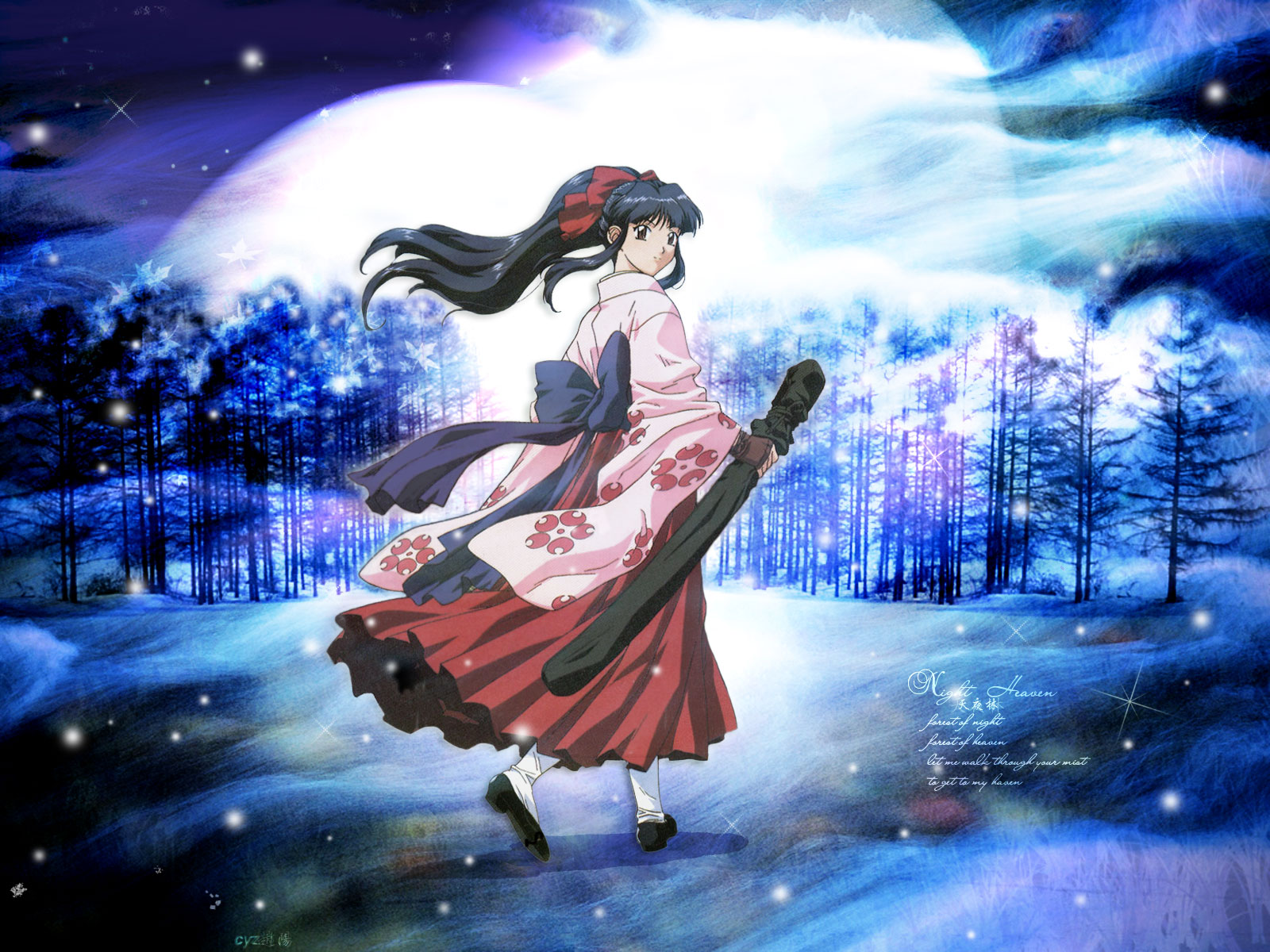 japanese_clothes, miko, sakura_taisen, shinguji_sakura, snow, winter