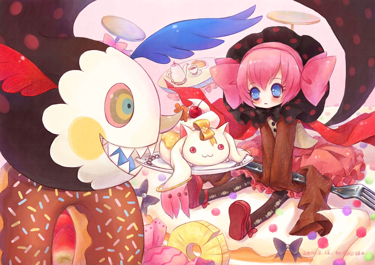 blue_eyes, cake, charlotte_(mahou_shoujo_madoka_magica), fang, food, kyuubee, mahou_shoujo_madoka_magica, pink_hair, sanmi_tenten, short_hair, wings