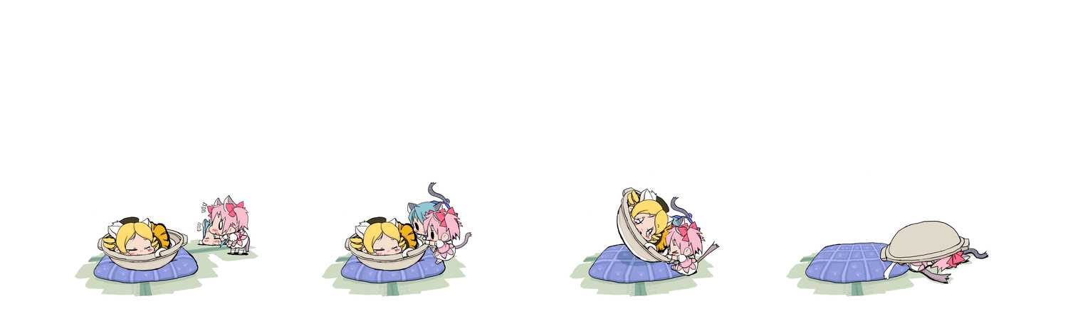 animal_ears, baku_taso, catgirl, chibi, dualscreen, kaname_madoka, mahou_shoujo_madoka_magica, miki_sayaka, tail, tomoe_mami, white