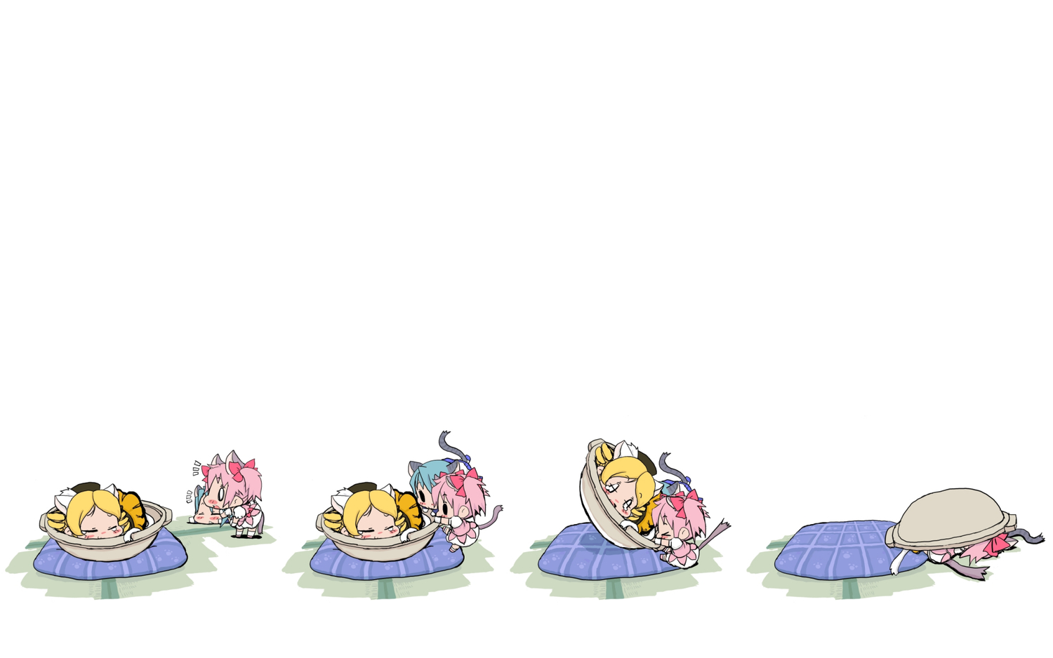 animal_ears, baku_taso, catgirl, chibi, kaname_madoka, mahou_shoujo_madoka_magica, miki_sayaka, tail, tomoe_mami, white