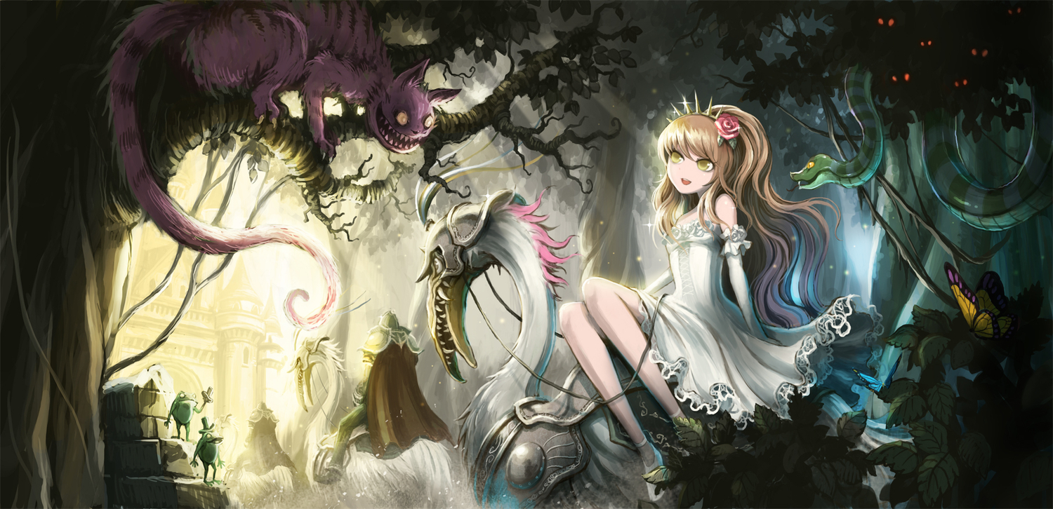 alice_in_wonderland, alice_(wonderland), butterfly, cape, dress, flowers, tree, ume_(illegal_bible), yellow_eyes