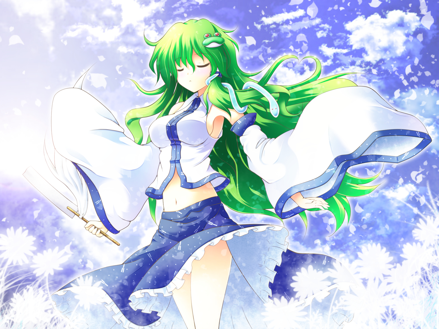 animal, dress, frog, green_hair, japanese_clothes, kochiya_sanae, long_hair, miko