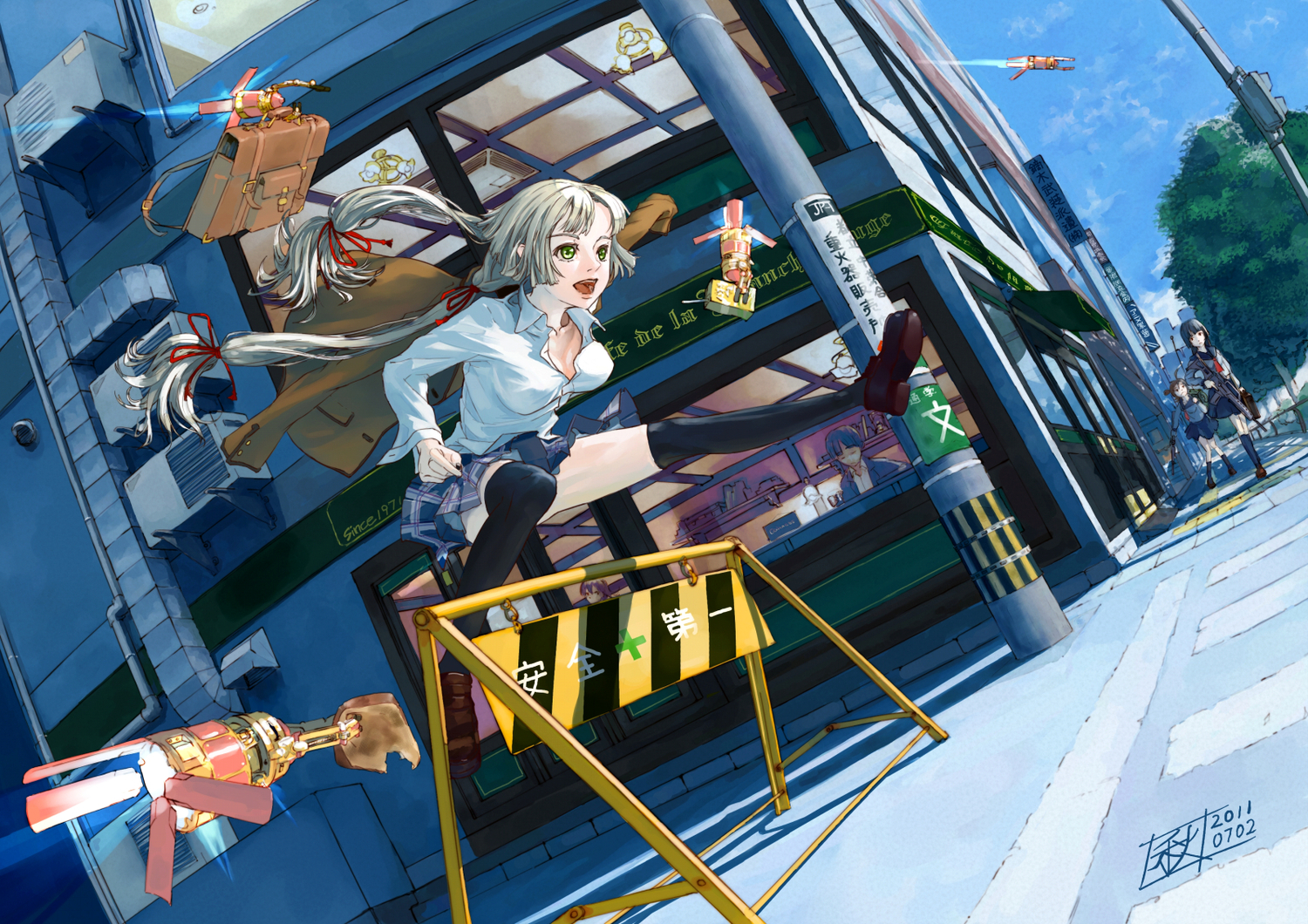 chitose_shuusui, gray_hair, green_eyes, gun, long_hair, original, school_uniform, twintails