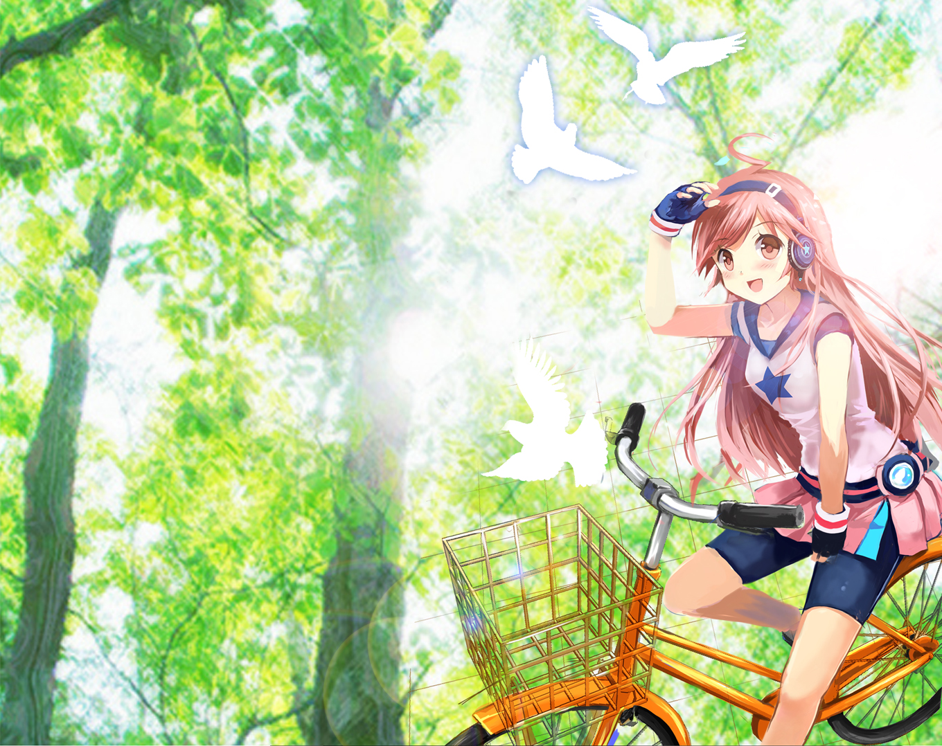 animal, bicycle, bird, blush, gloves, headphones, long_hair, miki_(vocaloid), pink_eyes, pink_hair, shiawase_usagi, skirt, tree, vocaloid
