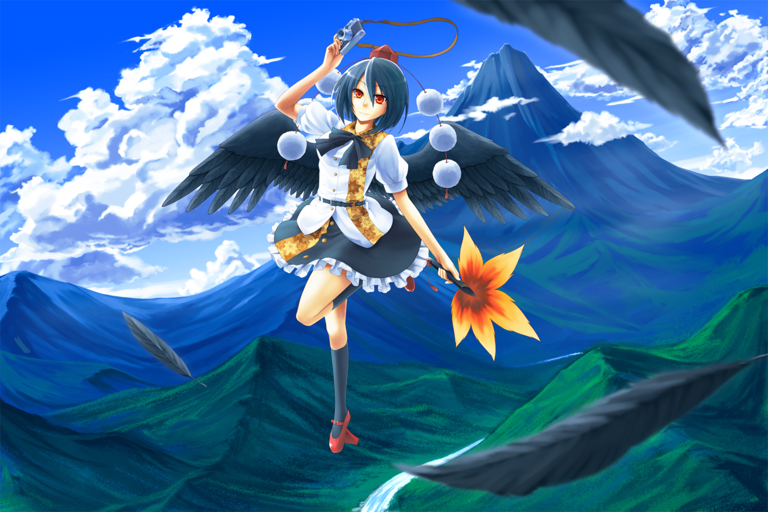 black_hair, camera, clouds, fan, feathers, hat, kneehighs, red_eyes