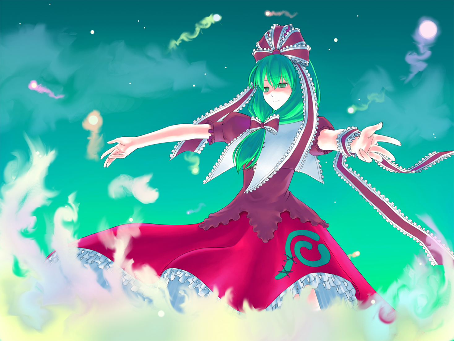 bow, green_eyes, green_hair, kagiyama_hina, ribbons, seihou, touhou