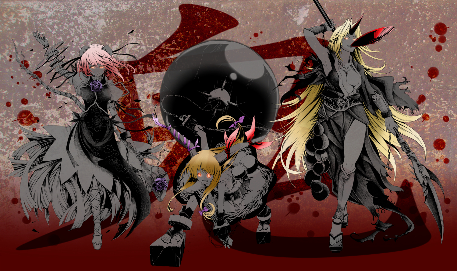 dress, horns, hoshiguma_yuugi, ibaraki_kasen, ibuki_suika, i-la, red_eyes, touhou, weapon
