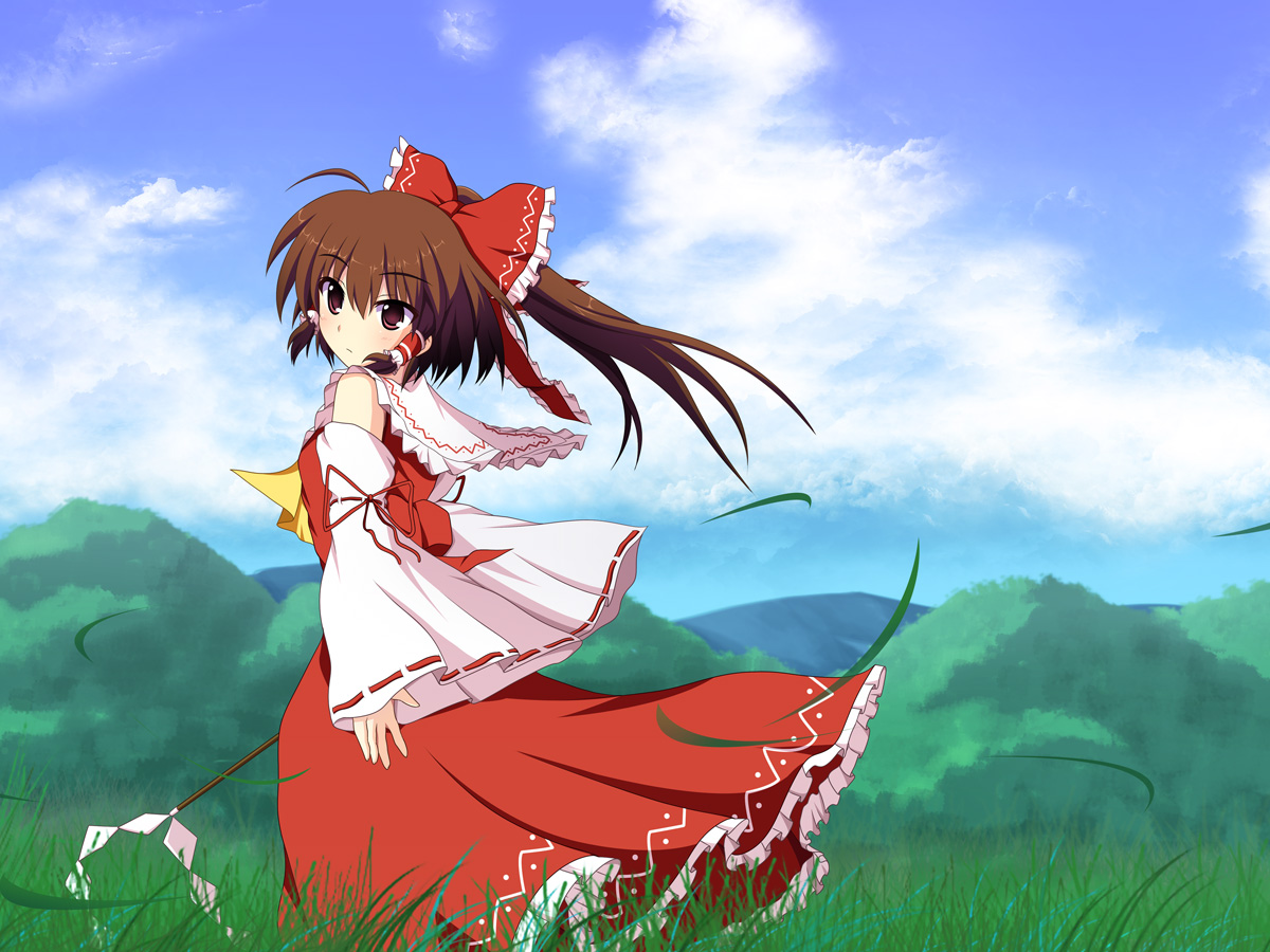 brown_eyes, brown_hair, clouds, cross_(crossryou), grass, hakurei_reimu, japanese_clothes, miko