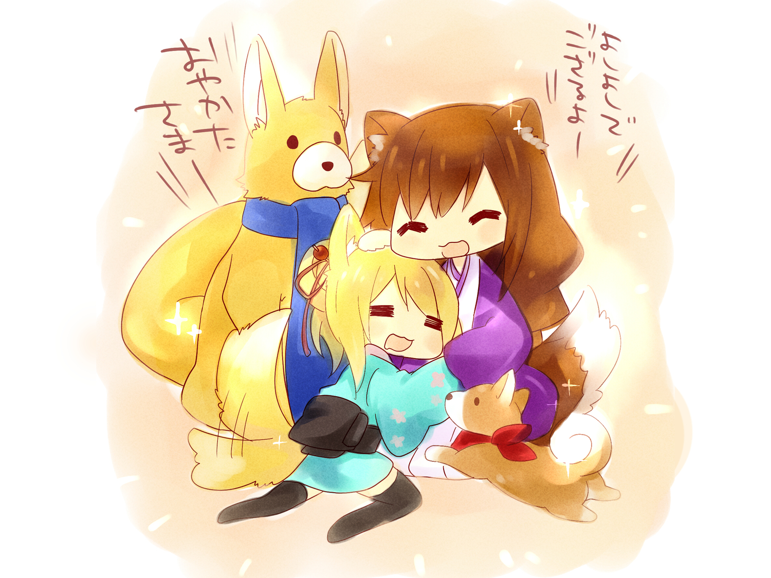 animal, animal_ears, blonde_hair, brioche_d'arquien, brown_hair, chibi, dog, dog_days, doggirl, dress, foxgirl, mitsuhashitaeko, ribbons, scarf, tail, thighhighs, yukikaze_panettone