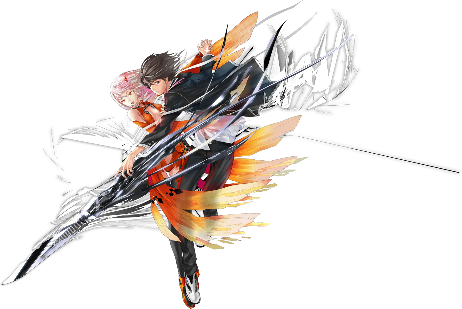 guilty_crown, jpeg_artifacts, male, ouma_shu, redjuice, weapon, white, yuzuriha_inori