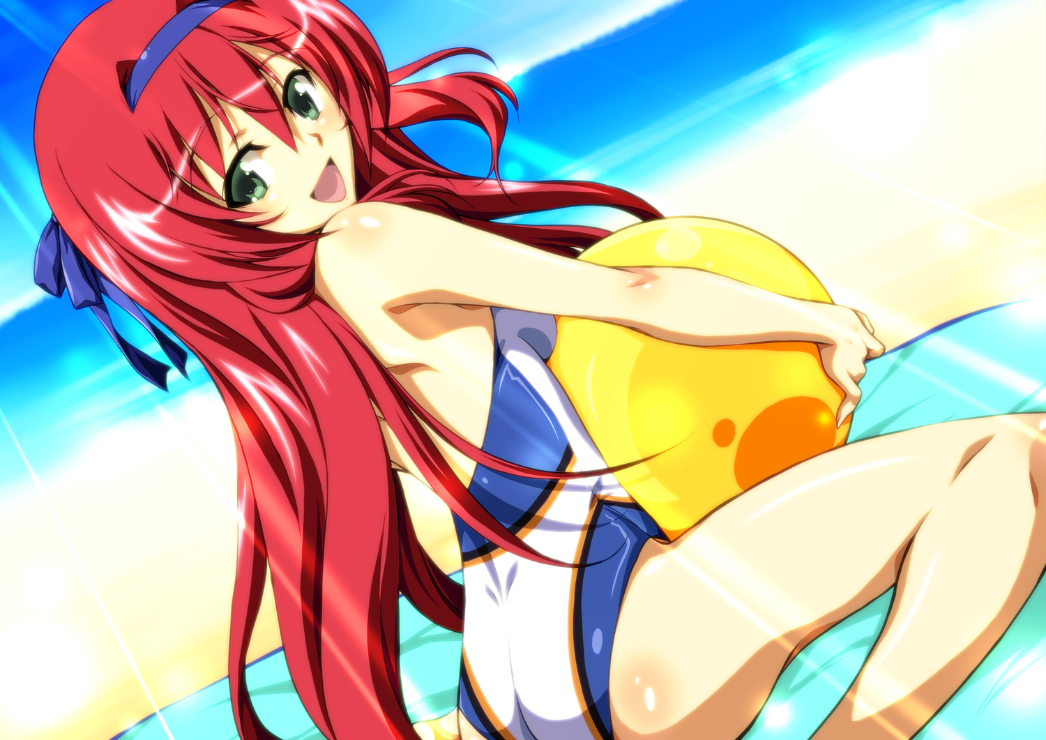 ball, beach, green_eyes, ka2, long_hair, original, red_hair, swimsuit