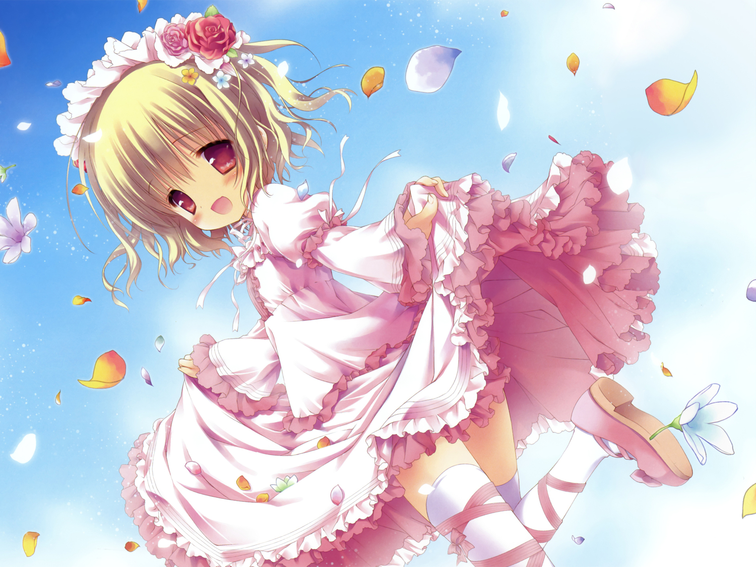 dress, flowers, loli, lolita_fashion, morinaga_korune, petals, sky, thighhighs