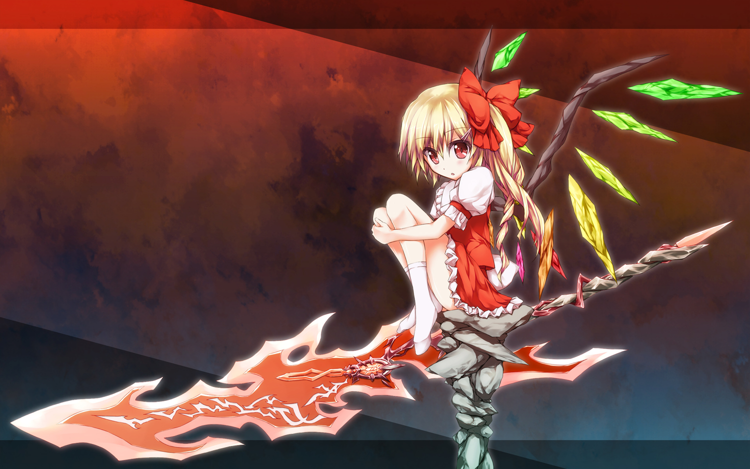 blonde_hair, flandre_scarlet, long_hair, shake, sword, touhou, vampire, weapon