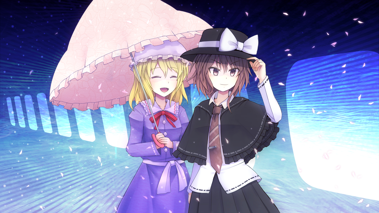 2girls, blonde_hair, blush, brown_eyes, brown_hair, cherry_blossoms, fai_(zigzagflamberge), flowers, hat, long_hair, maribel_han, petals, short_hair, tie, touhou, umbrella, usami_renko