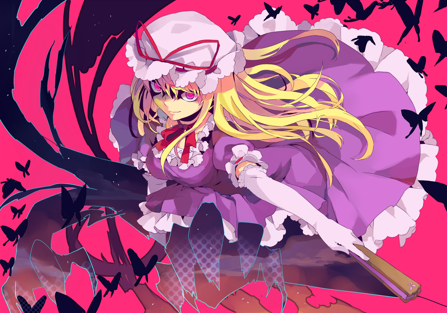blonde_hair, butterfly, dress, fan, gloves, hat, long_hair, purple_eyes, shion_(mamuring), touhou, yakumo_yukari