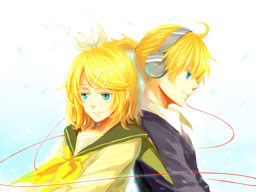 aqua_eyes, blonde_hair, headphones, kagamine_len, kagamine_rin, lyrah777, male, vocaloid
