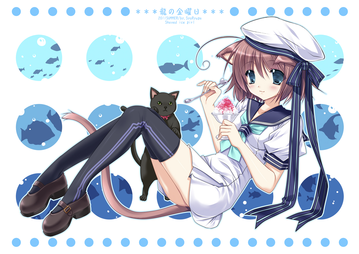 animal, animal_ears, brown_hair, cat, fish, food, green_eyes, hat