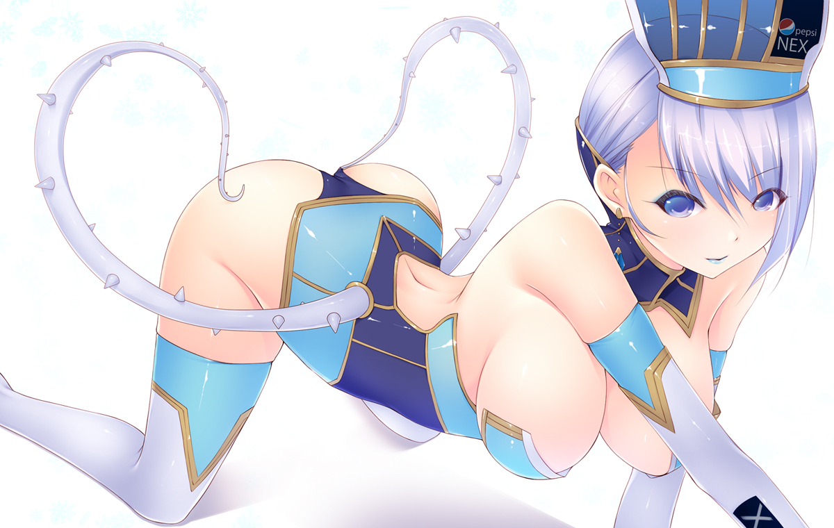 ass, blue_eyes, blue_hair, breasts, cleavage, karina_lyle, shokuyou_mogura, thighhighs, tiger_&_bunny, white