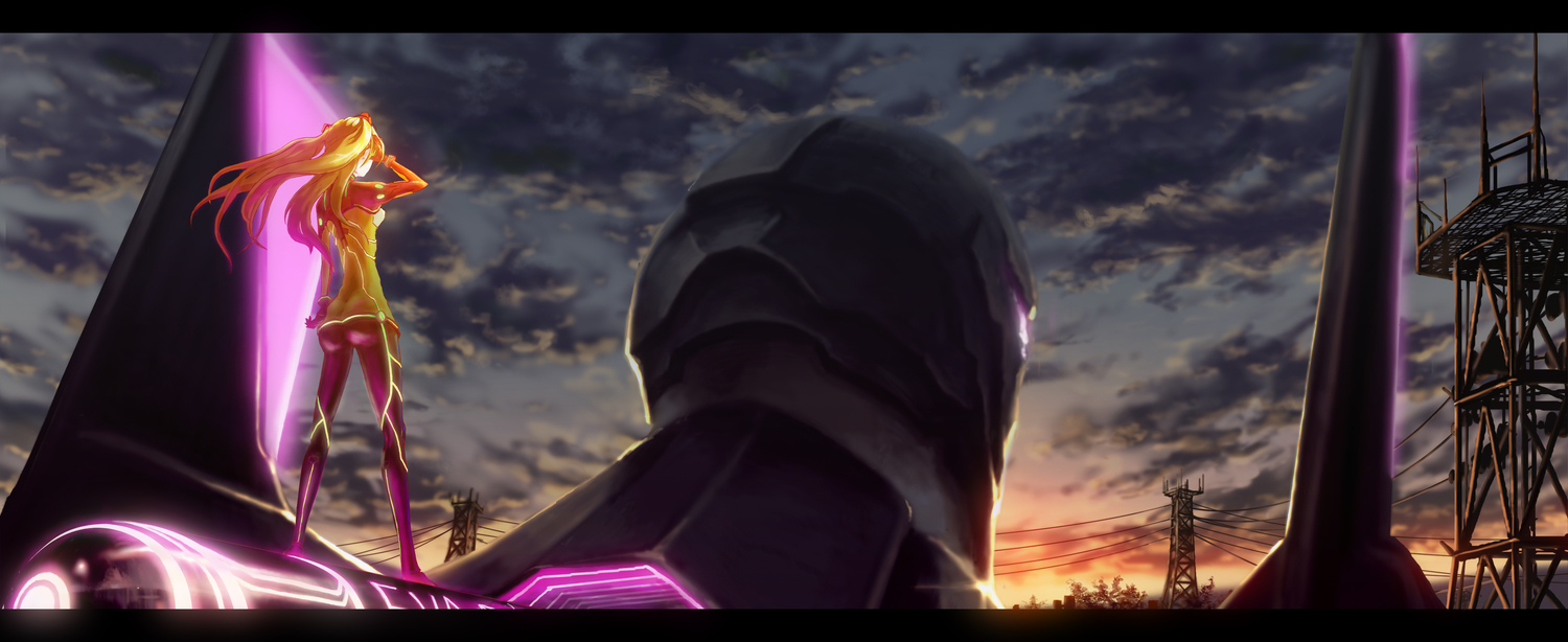 bodysuit, clouds, kaiko_(gami770), mecha, neon_genesis_evangelion, orange_hair, skintight, sky, soryu_asuka_langley, sunset