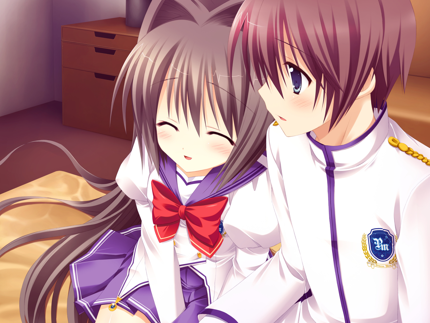 benzaiten_enishi, blue_eyes, brown_hair, game_cg, journey, nanairo_kouro, sasorigatame, school_uniform