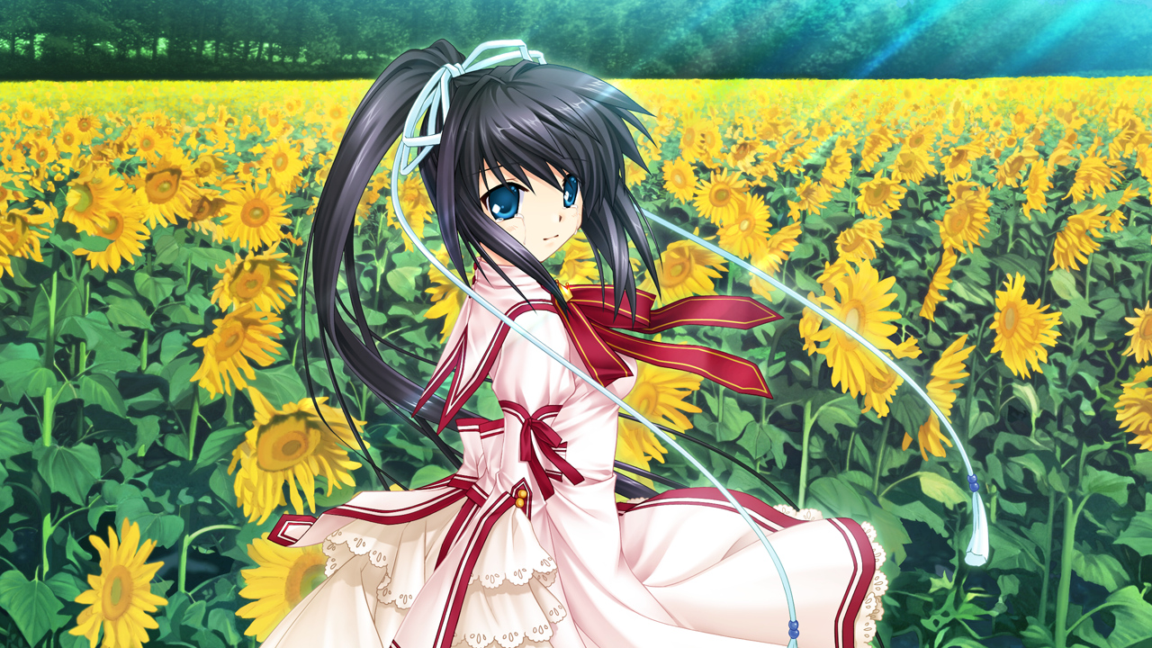 black_hair, blue_eyes, flowers, game_cg, hinoue_itaru, konohana_lucia, long_hair, rewrite, school_uniform, sunflower, tears