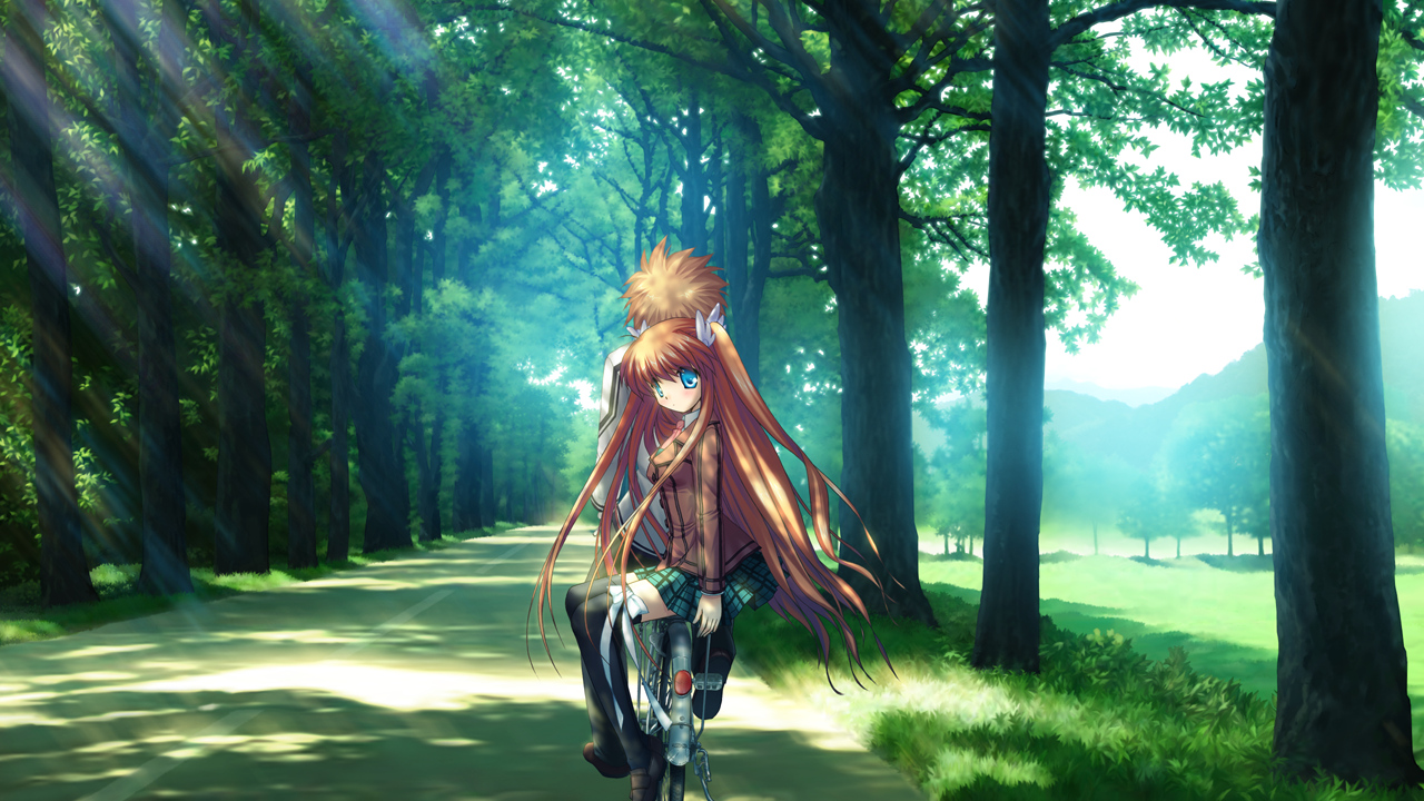 bicycle, blue_eyes, brown_hair, game_cg, hinoue_itaru, long_hair, ootori_chihaya, rewrite