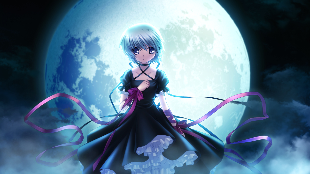 dress, game_cg, gray_hair, hinoue_itaru, kagari_(rewrite), moon, rewrite, short_hair