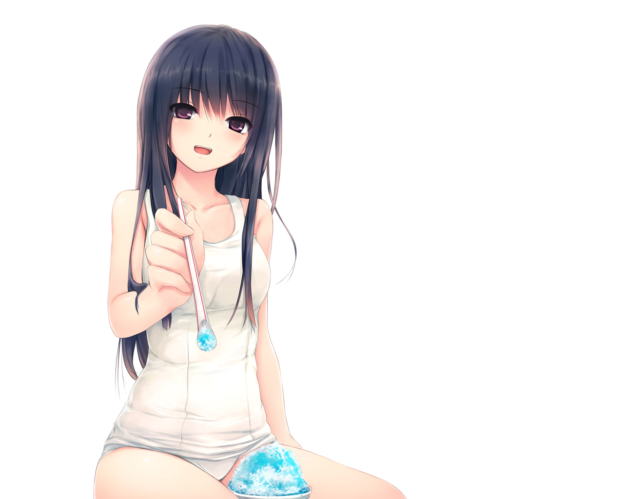black_hair, brown_eyes, coffee-kizoku, food, ice_cream, long_hair, original, school_swimsuit