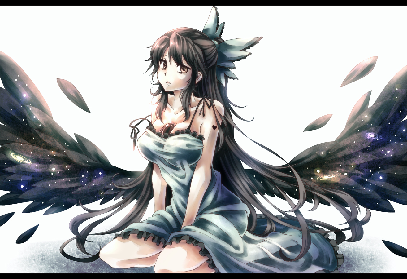 bow, breasts, brown_eyes, brown_hair, cleavage, dress, feathers, long_hair, namuko, reiuji_utsuho, touhou, wings