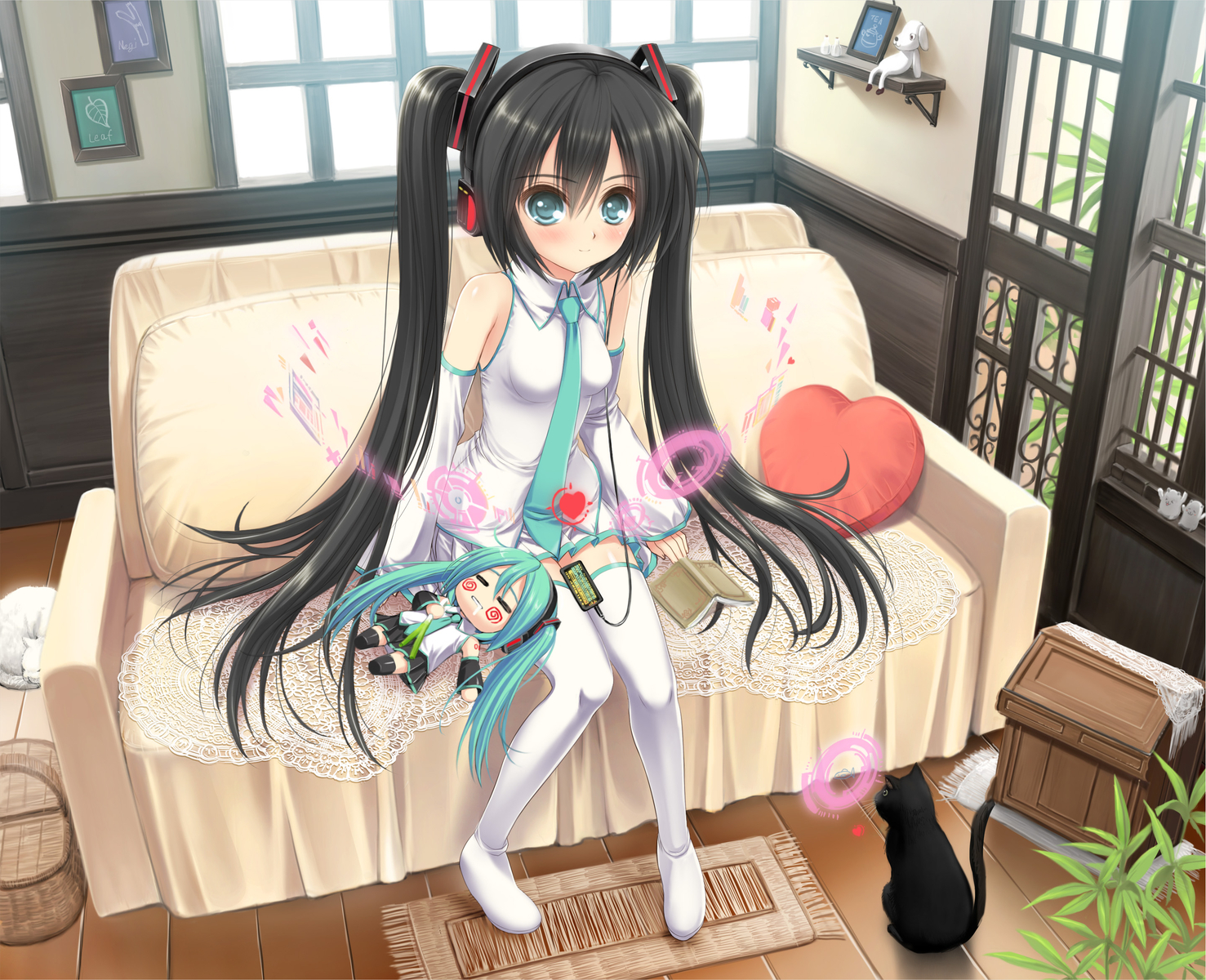 animal, aqua_eyes, black_hair, book, cat, doll, erinngi, hachune_miku, hatsune_miku, headphones, long_hair, thighhighs, tie, twintails, vocaloid, zettai_ryouiki