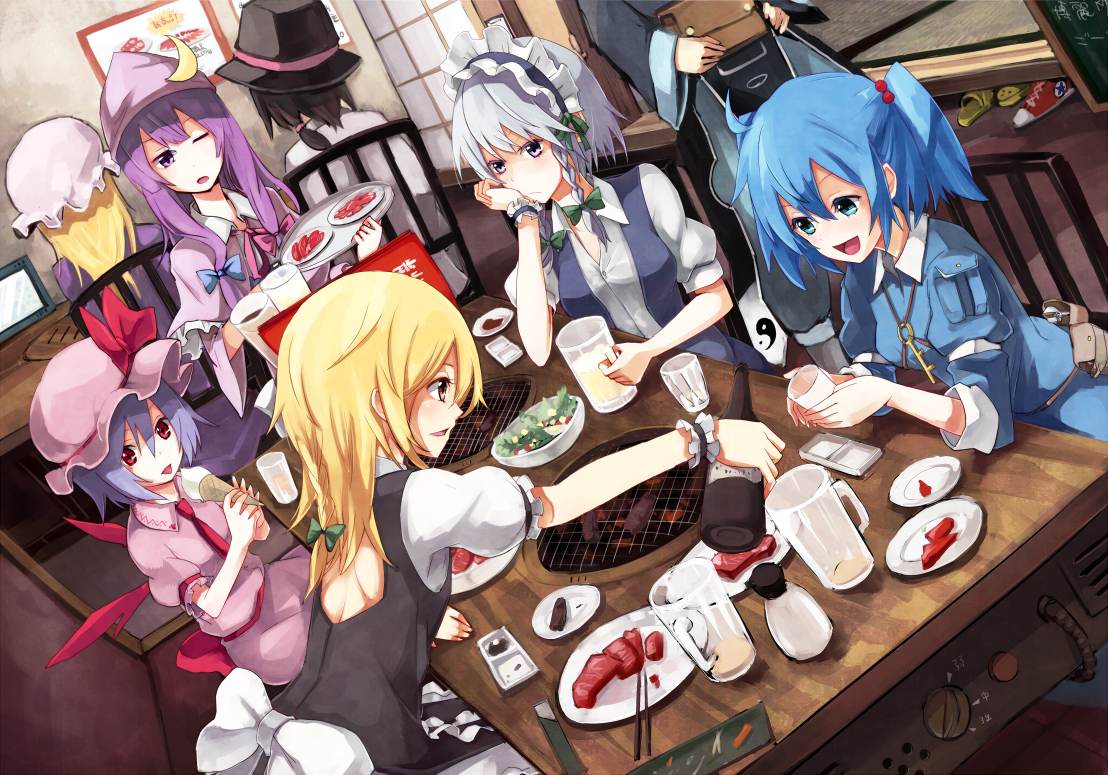 blonde_hair, blue_eyes, bow, braids, brown_hair, drink, food, group