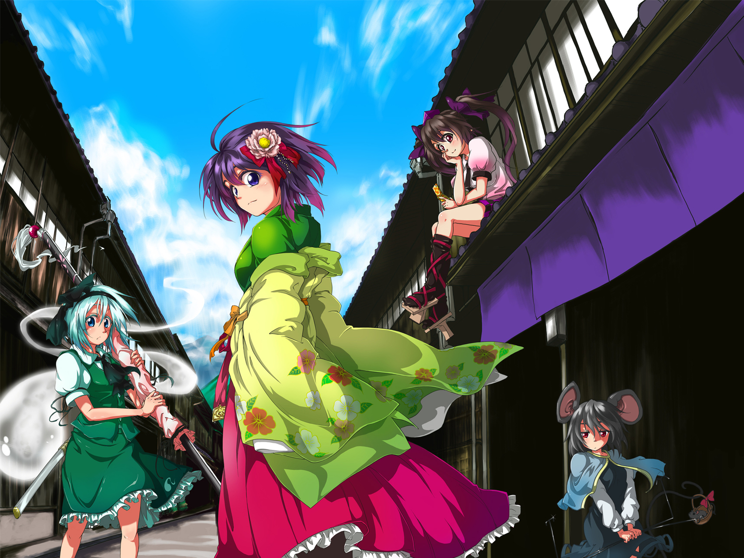 animal, animal_ears, aqua_hair, black_hair, blue_eyes, flowers, headband, hieda_no_akyuu, himekaidou_hatate, izunanie, japanese_clothes, katana, konpaku_youmu, mouse, mousegirl, myon, nazrin, phone, purple_eyes, purple_hair, red_eyes, sky, staff, sword, touhou, weapon