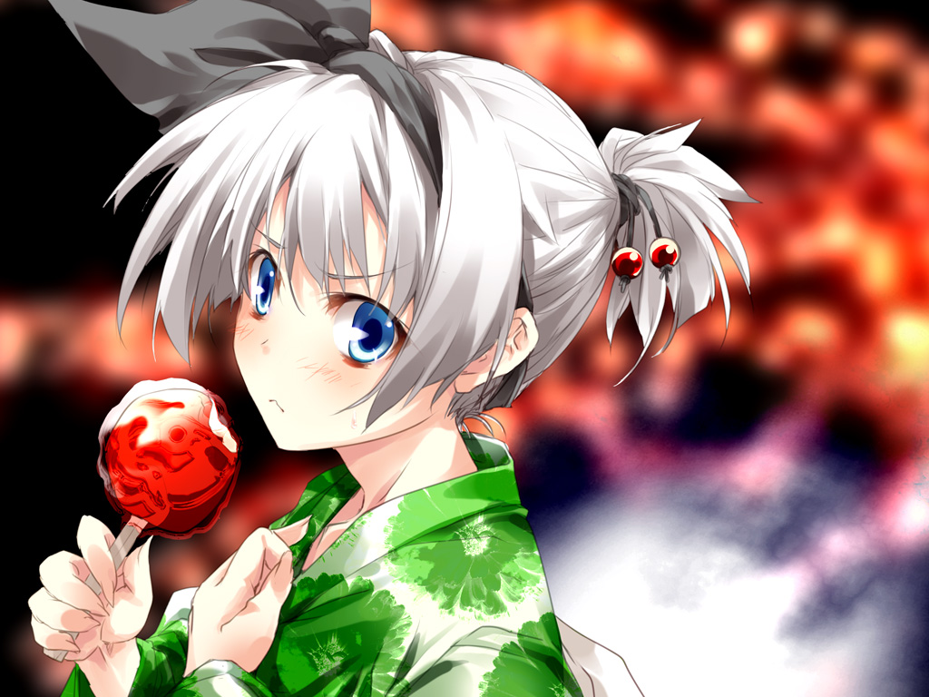 apple, aqua_eyes, bow, candy, food, fruit, gray_hair, headband
