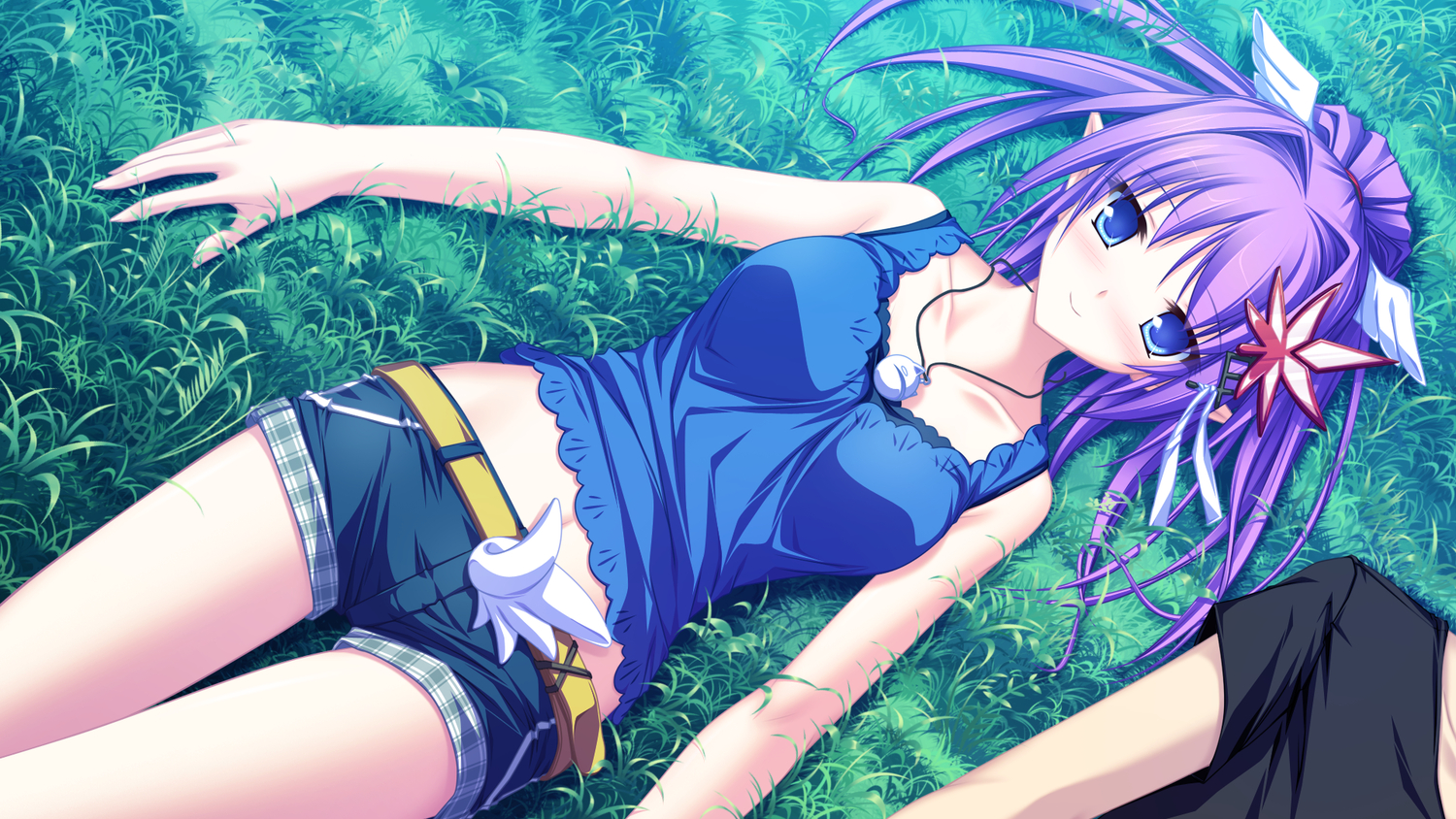 blue_eyes, game_cg, grass, kureha_(maikaze_no_melt), maikaze_no_melt, pointed_ears, purple_hair, shorts, tenmaso, whirlpool