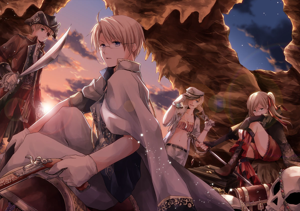 america_(hetalia), anthropomorphism, axis_powers_hetalia, england_(hetalia), eyepatch, glasses, gun, hat