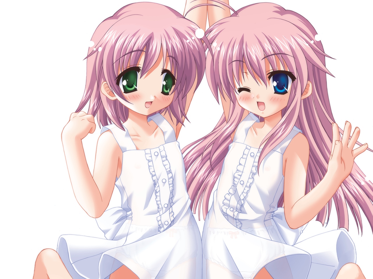 2girls, asakura_maina, asakura_yuna, blue_eyes, blush, dress, green_eyes, hajimete_no_orusuban
