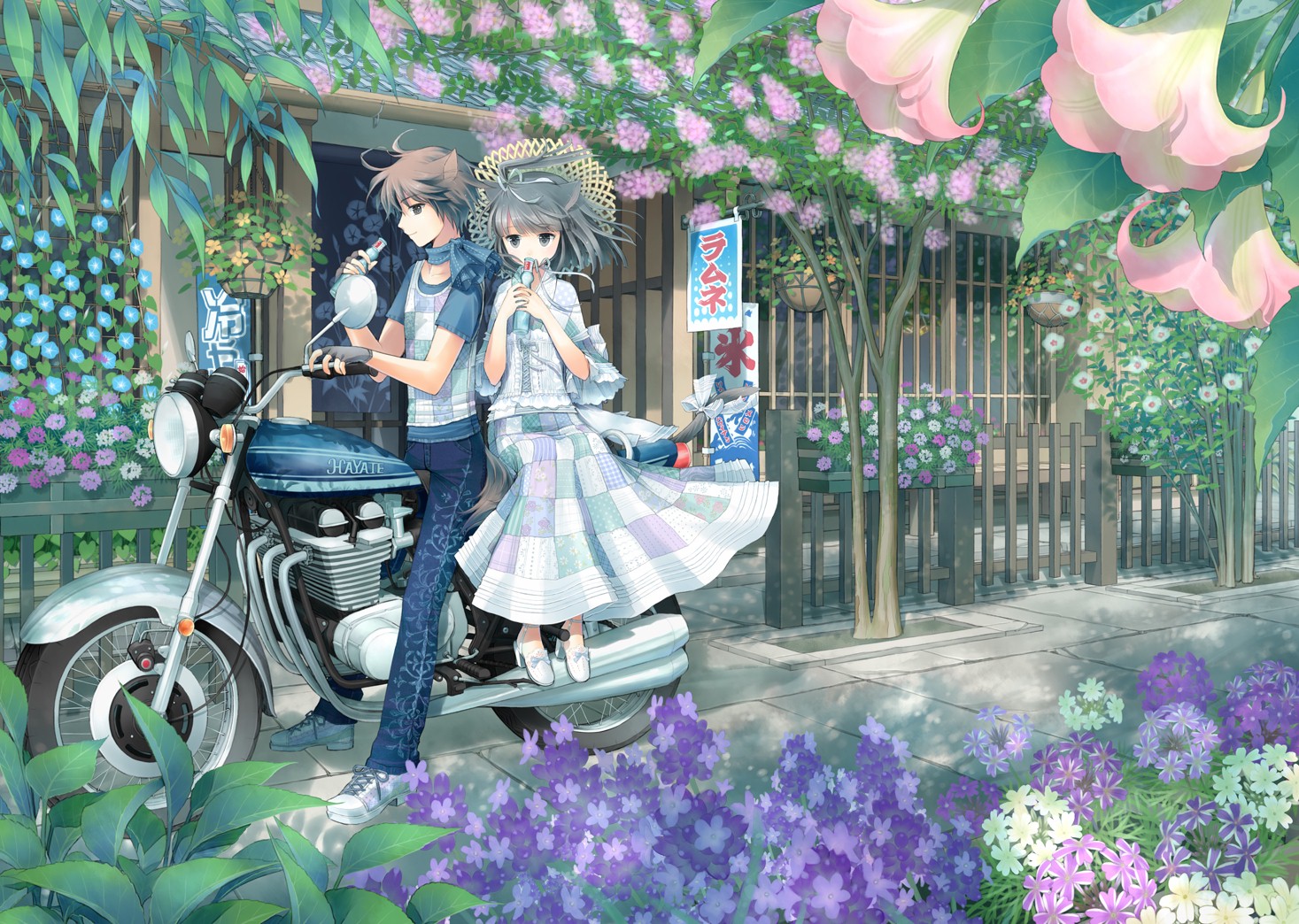 akatsuki_no_kemono, animal_ears, catboy, catgirl, dress, drink, flowers, hat