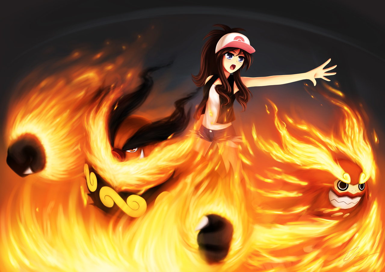 black_eyes, blue_eyes, brown_hair, darmantian, emboar, fire, hat, orange_eyes