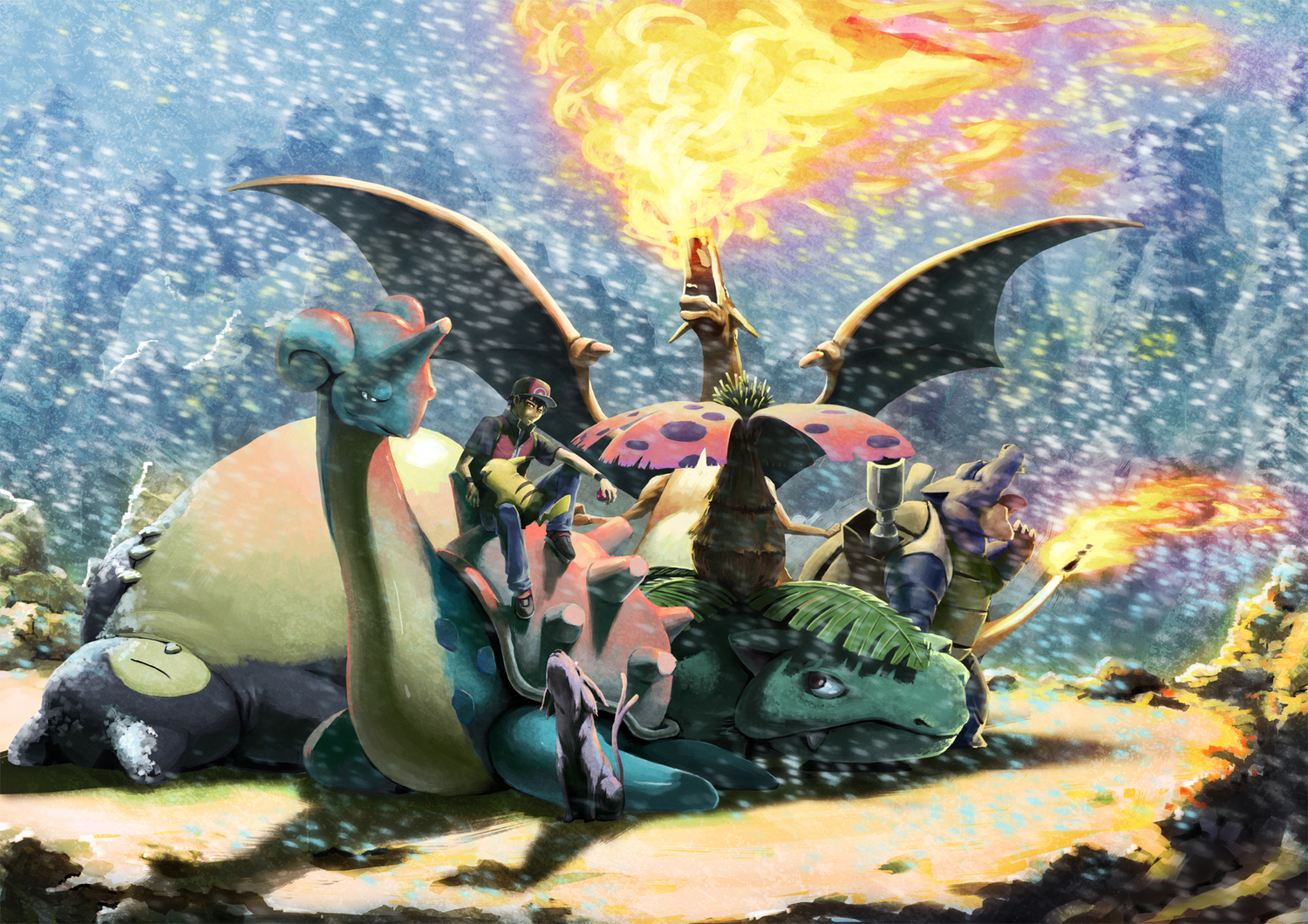 black_hair, blastoise, charizard, espeon, fire, hat, higashiyama_hayato, lapras