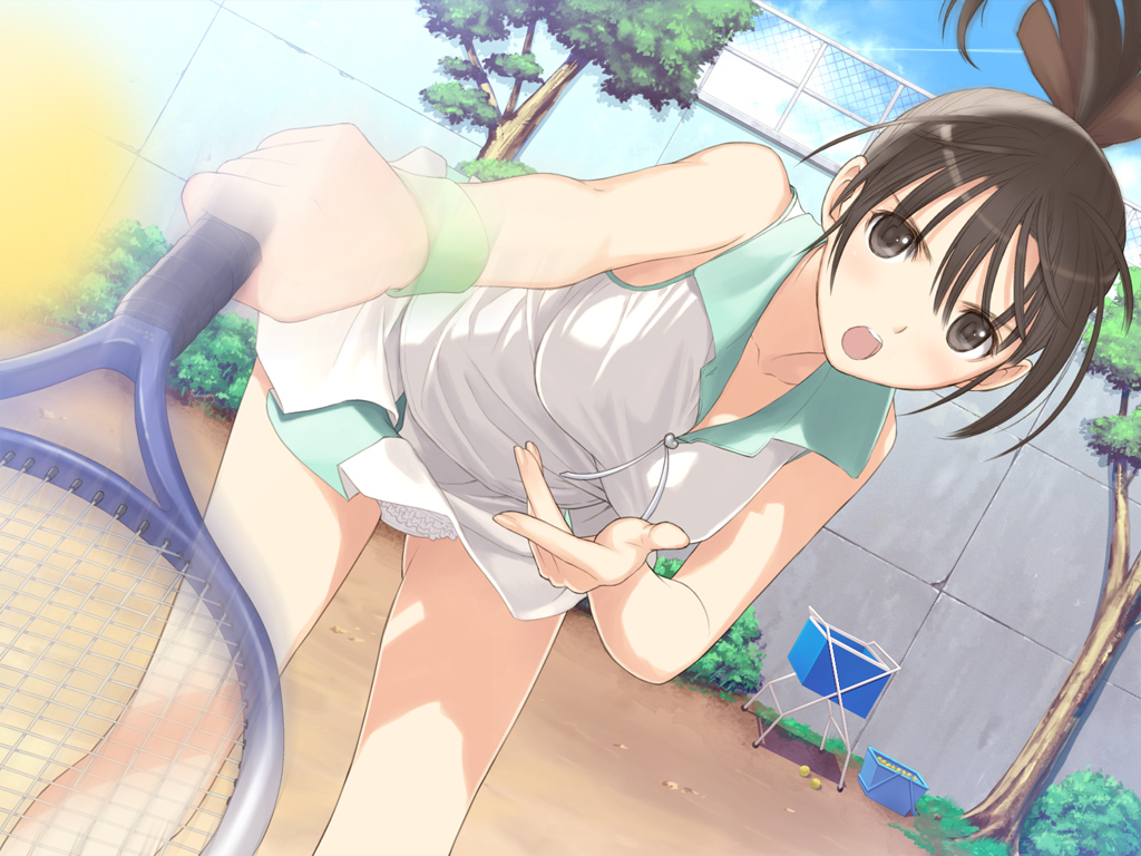 ball, black_hair, fault, game_cg, panties, ponytail, saeki_ai, sport, taka_tony, tennis, underwear