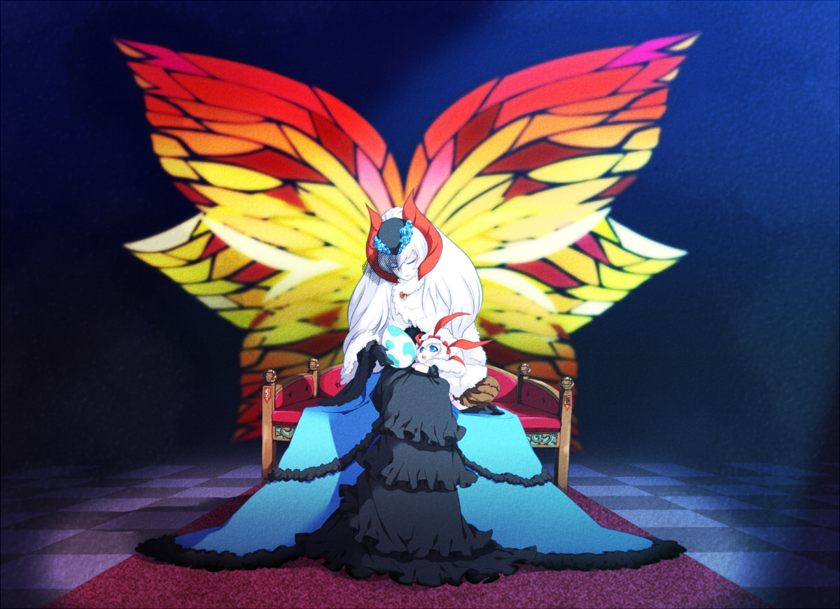 blue_eyes, dress, gloves, hat, kiyoi, larvesta, pokemon, volcarona