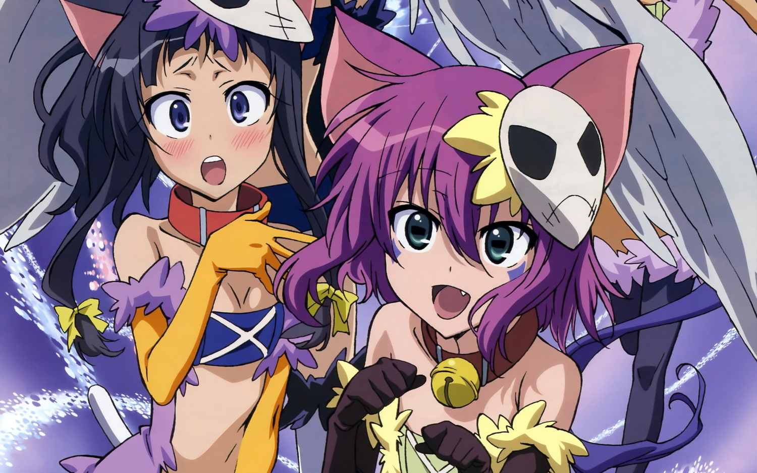 animal_ears, bell, black_hair, blue_eyes, bow, catgirl, collar, cosplay, elbow_gloves, fang, gloves, kounagi_yui, merry_nightmare, navel, pink_hair, ribbons, tail, wings, yumekui_merry