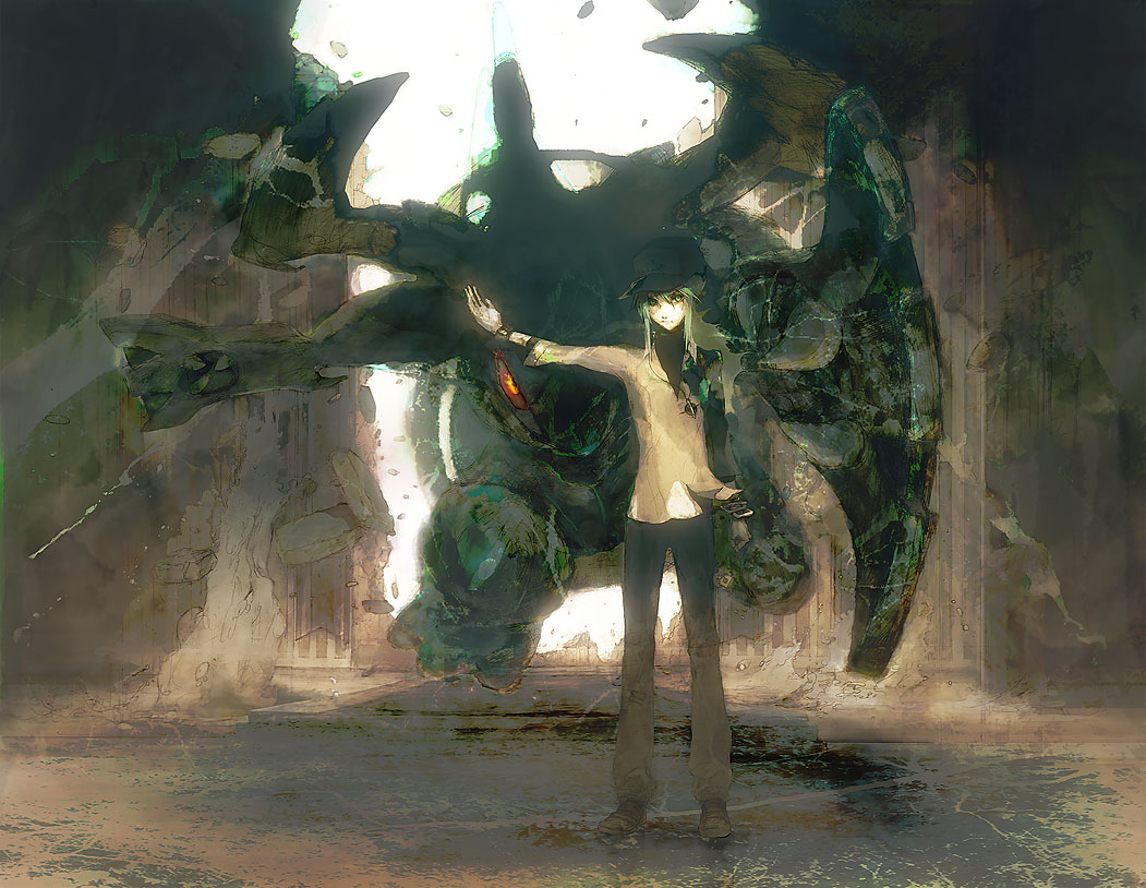 green_eyes, green_hair, hat, komichihiera, n, necklace, pokemon, zekrom