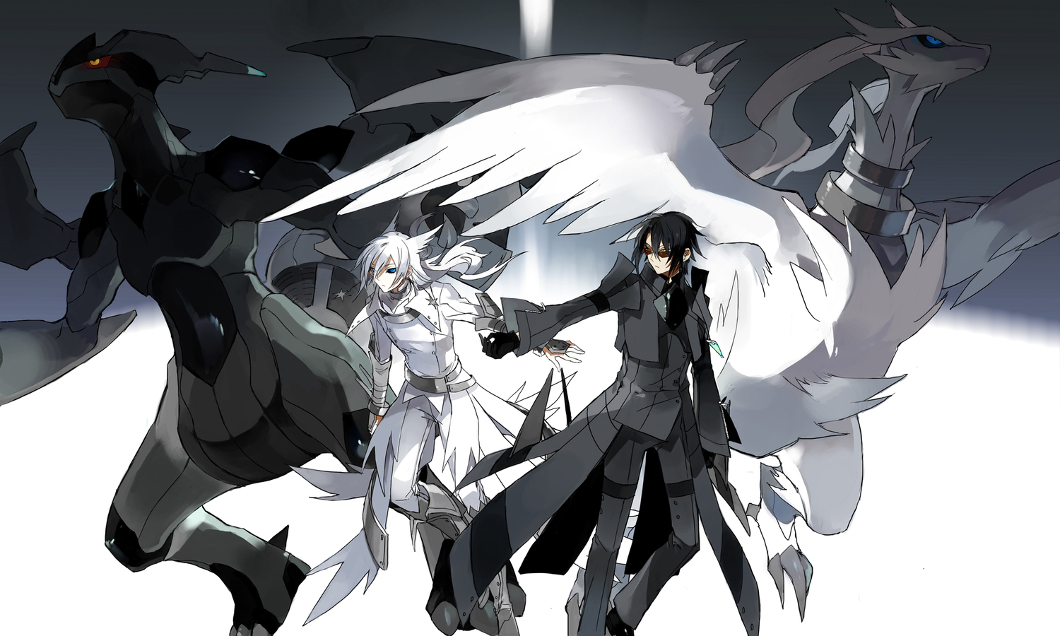 black_hair, blue_eyes, long_hair, necklace, pokemon, reshiram, starshadowmagician, sunglasses