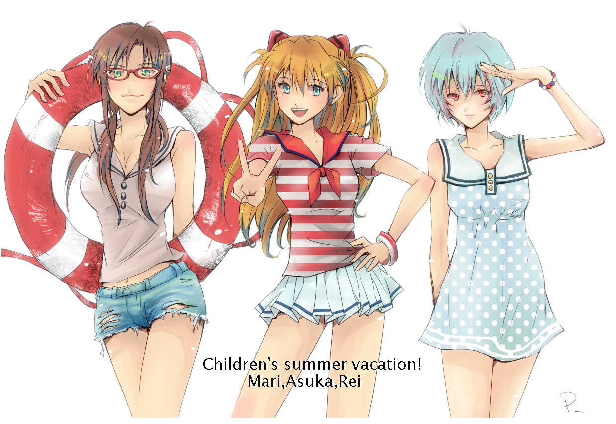 ayanami_rei, blue_eyes, blue_hair, brown_hair, dress, glasses, green_eyes, long_hair, makinami_mari_illustrious, nagisa-a, neon_genesis_evangelion, red_eyes, skirt, soryu_asuka_langley, twintails, white