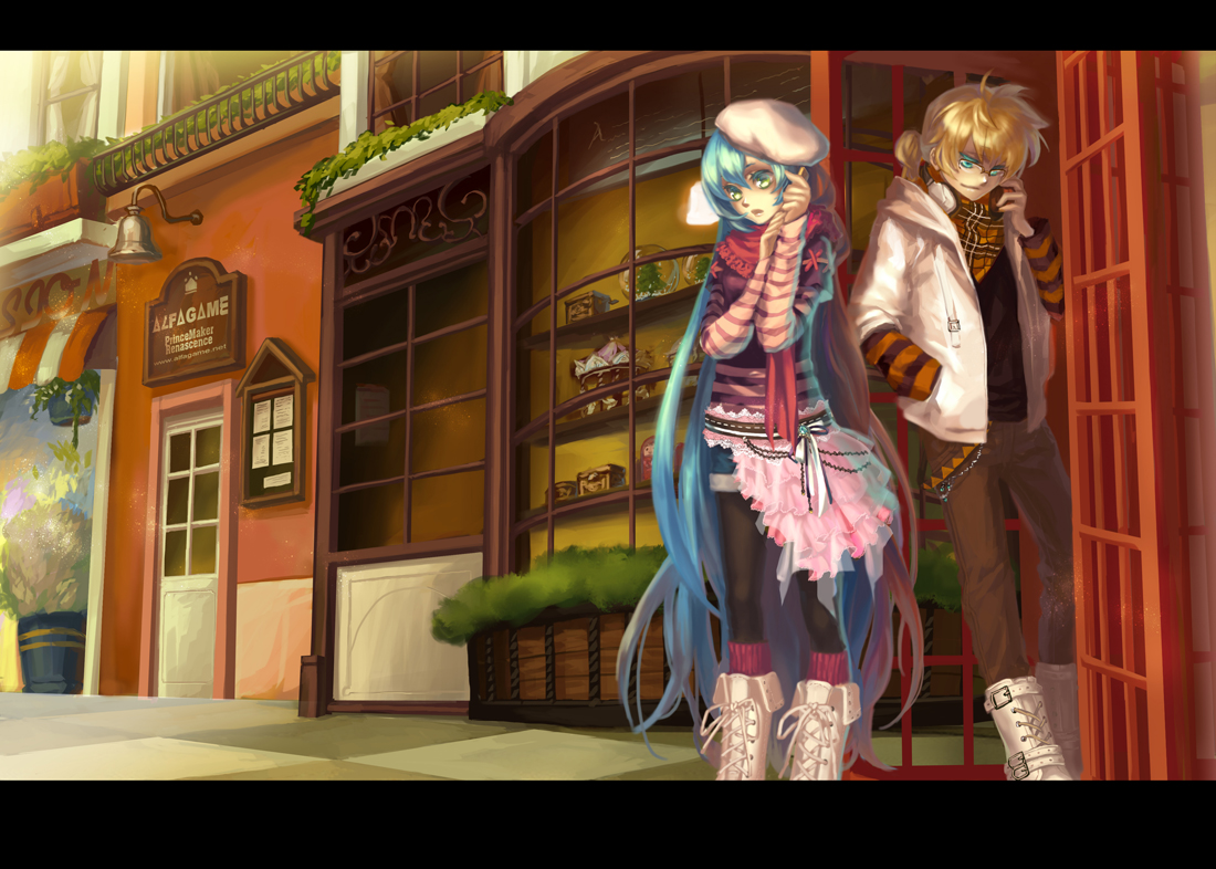 aqua_hair, blonde_hair, glasses, hat, hatsune_miku, kagamine_len, male, mizukai