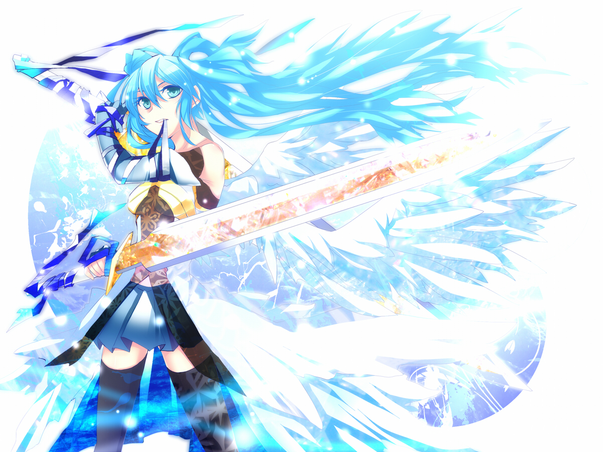 haru_aki, hatsune_miku, long_hair, skirt, sword, thighhighs, vocaloid, weapon