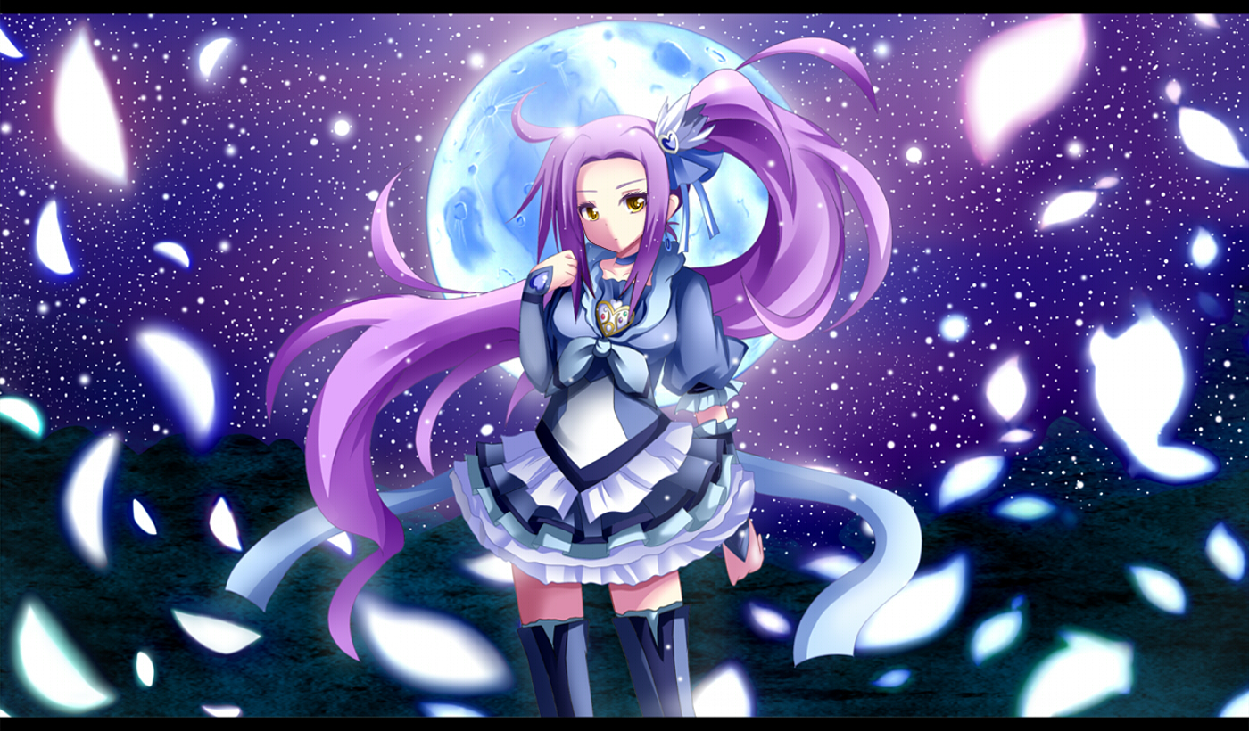 cherry_blossoms, flowers, moon, pink_hair, precure, siren_(suite_precure), space, stars, suite_precure, yellow_eyes