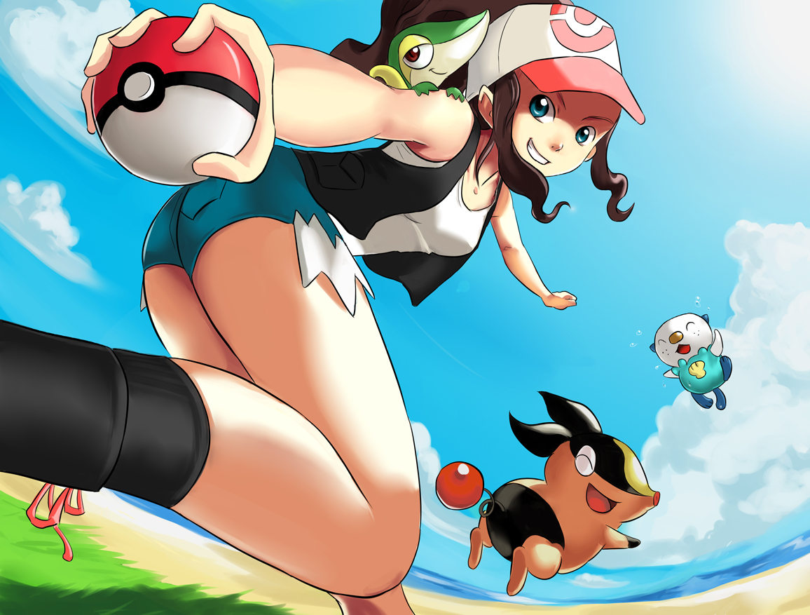 blue_eyes, brown_hair, clouds, grass, hat, oshawott, pokemon, ponytail